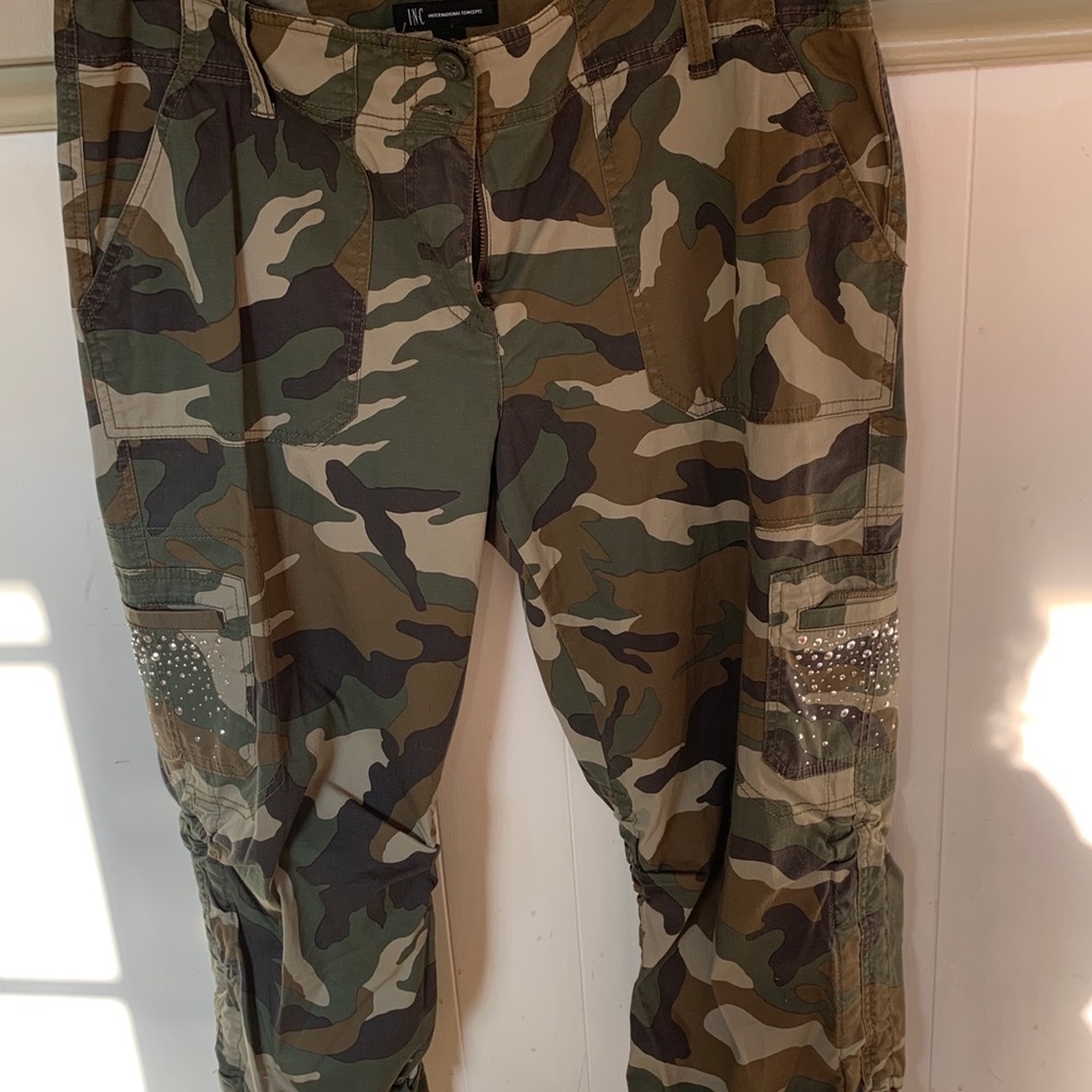 INC Utility Chic Camoflage Embellished Capris ties